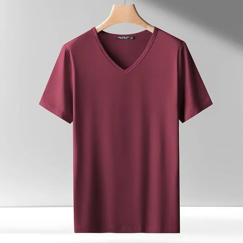 2025 men's short sleeved T-shirt loose and breathable plus size T-shirt top summer thin solid color V-neck home clothing base s