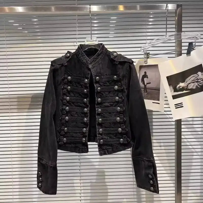 DEAT 2025 Autumn New Fashion Metal Buckle Design Shoulder Strap Denim Short Jacket For Women High Street Coat Female 11A06995