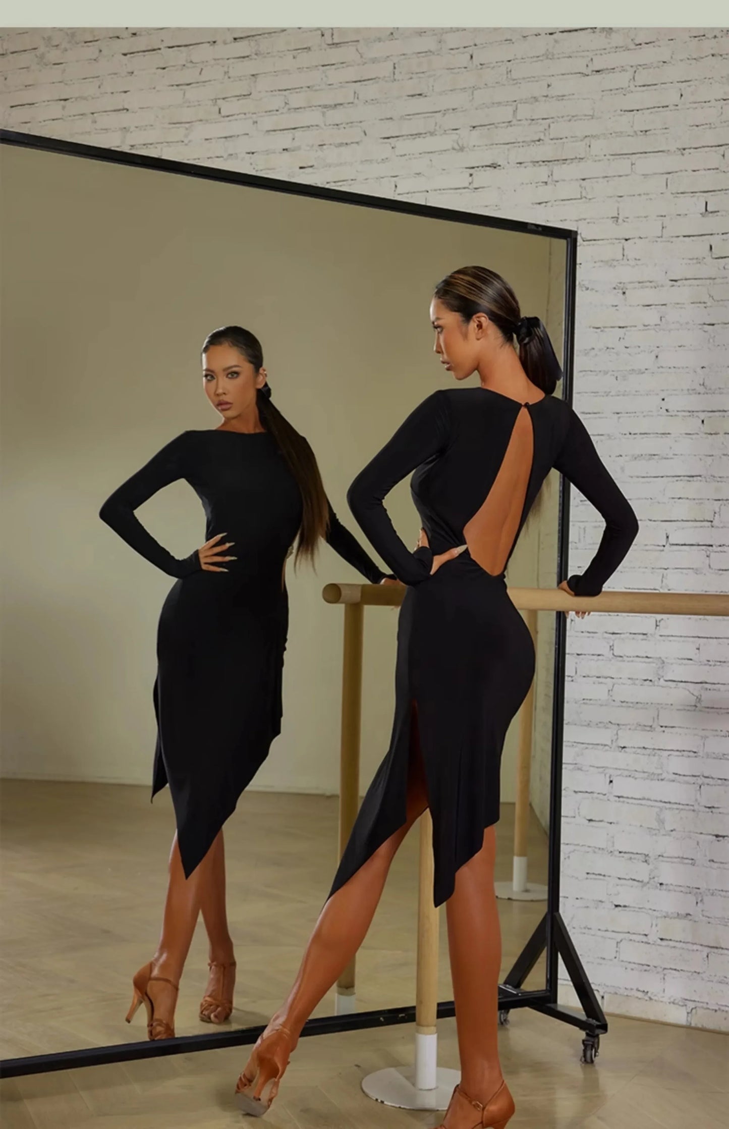 Women Black Long Sleeves Dress Adult Tango Dance Clothes Rumba Ballroom Dance Dress Practice Wear ZYM Latin Dance Dress