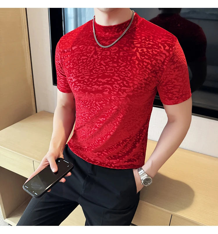 Men's T-Shirts Korean Fashion Gold Velvet Short Sleeve Mens Casual T Shirt Slim Fit Breathable Turtleneck Tee Shirt Homme 4XL-M