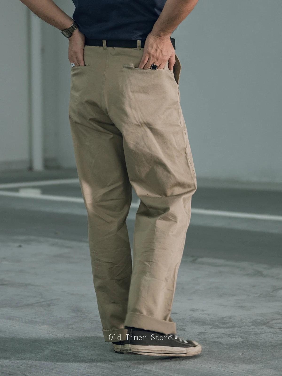 Qingtian Twill Chino Pants Vintage Workwear Men's Amekaji Khaki Trousers Loose Straight Leg