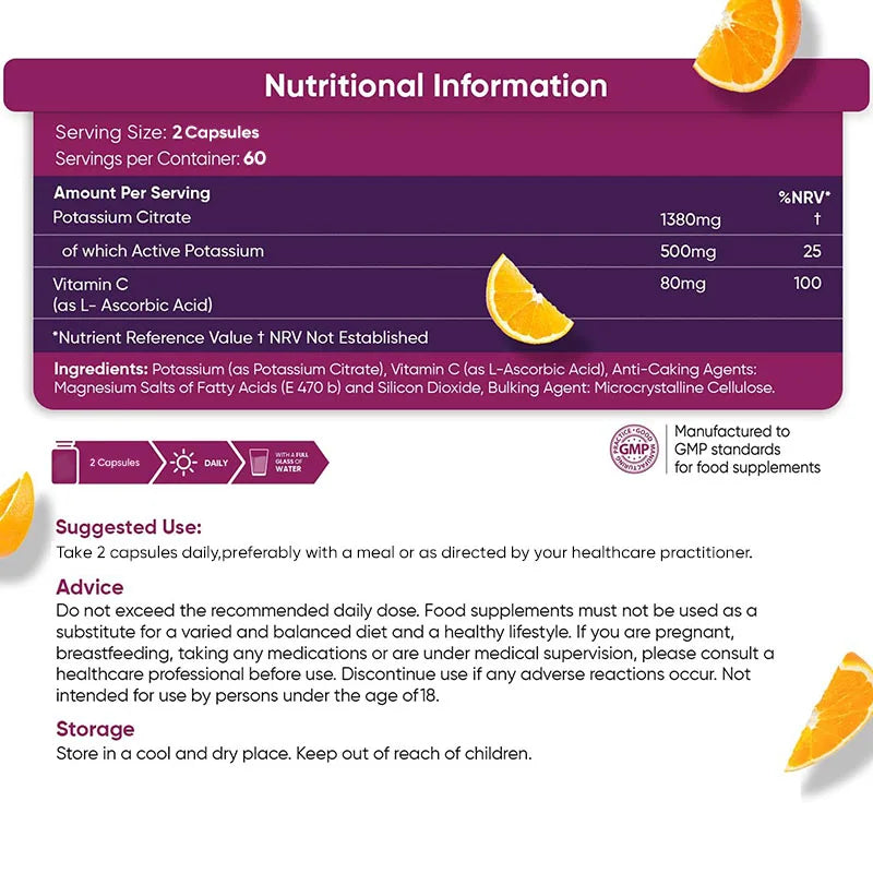 Potassium Citrate Supplements 1460mg - Contains Vitamin C To Help Maintain Normal Bone, Nerve and Immune System Function