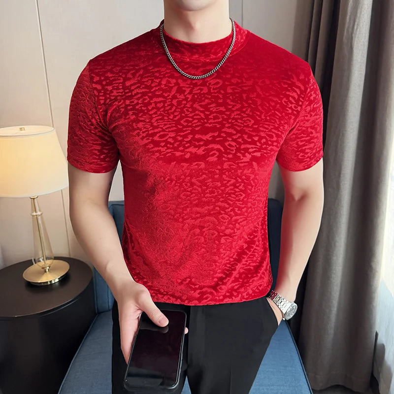 Men's T-Shirts Korean Fashion Gold Velvet Short Sleeve Mens Casual T Shirt Slim Fit Breathable Turtleneck Tee Shirt Homme 4XL-M