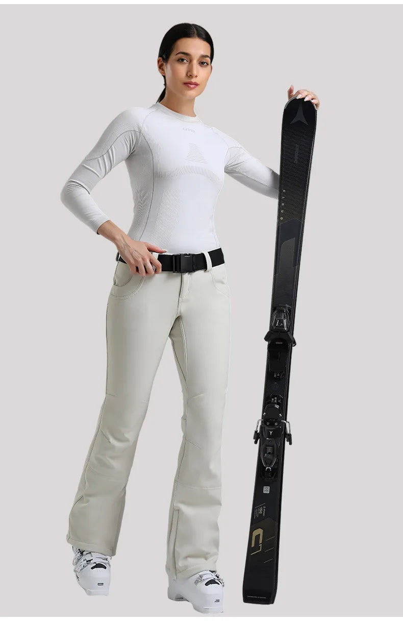 New Women's Ski Pants Stretch Slim-fit Dual-layer Insulated Professional Windproof Waterproof Breathable Solid Color Ski Pants