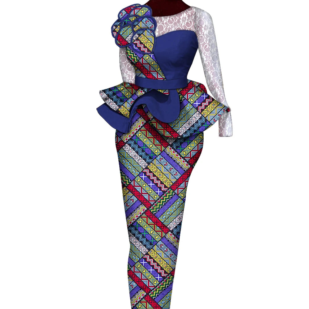 African Skirt Sets Women Suit Long Straight Skirts and Tops with Lace Decoration Bazin Riche Traditional African Clothing WY6195