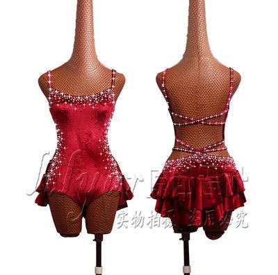 Pole Dancing Latin Dance Dress Steel Pipe Girl Costumes Skirt Performing Dress Adult Customize Children Stretch Velvet Wine  Red