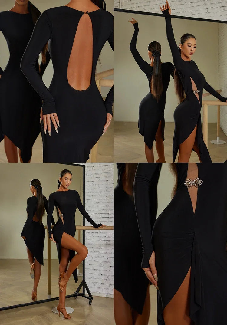 Women Black Long Sleeves Dress Adult Tango Dance Clothes Rumba Ballroom Dance Dress Practice Wear ZYM Latin Dance Dress