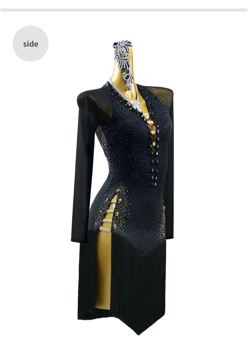 Black Latin Dance Dress Stage Clothes Women Costume Outfit Sport Line Wear Girls Prom Skirt Party Evening Female Suit Customized