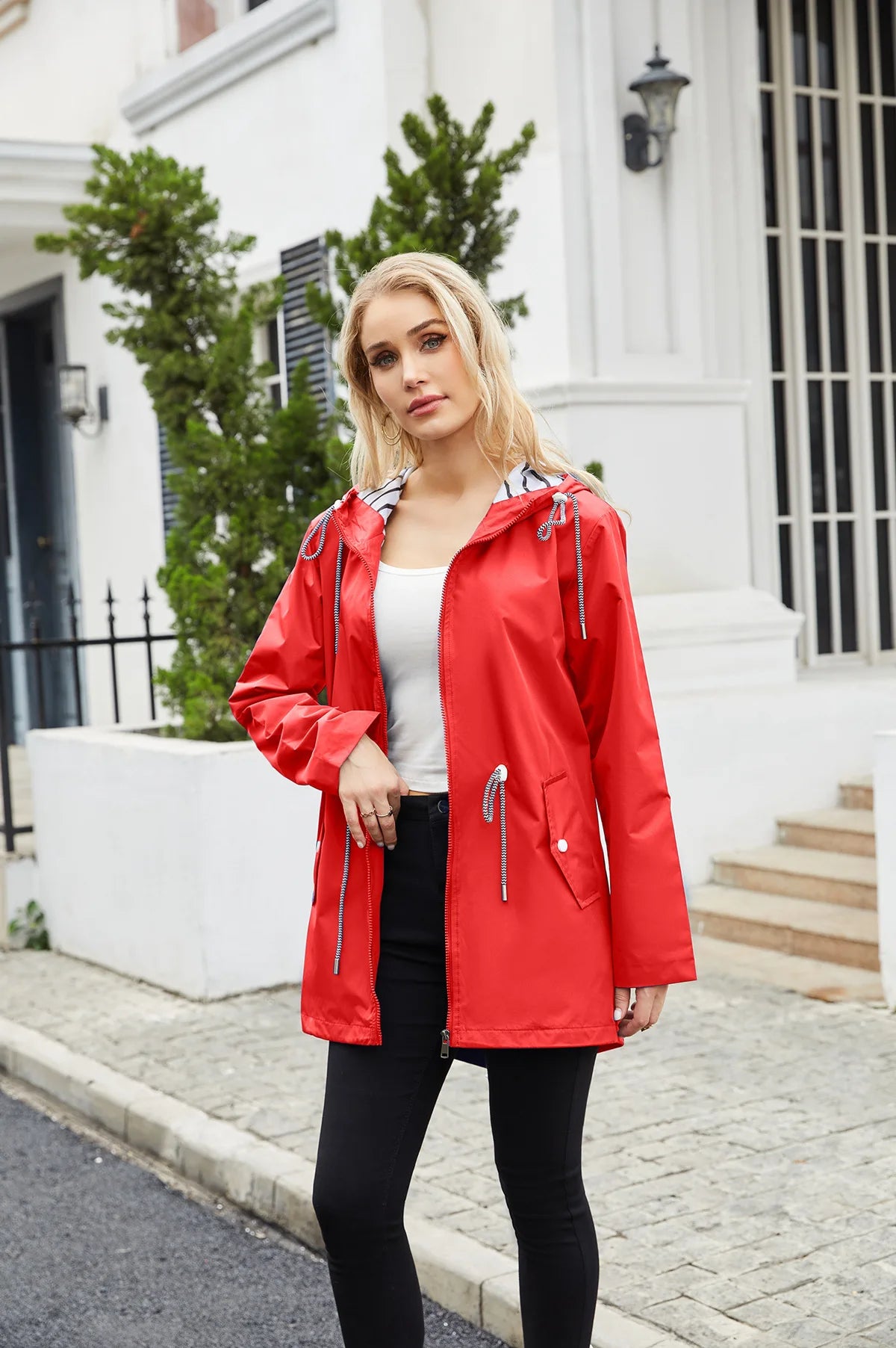 Red Waterproof Hooded Jacket, Women Fashion Casual Coat, Waist Drawstring Tie Zipper Switch Blue Green Yellow Black Windbreaker