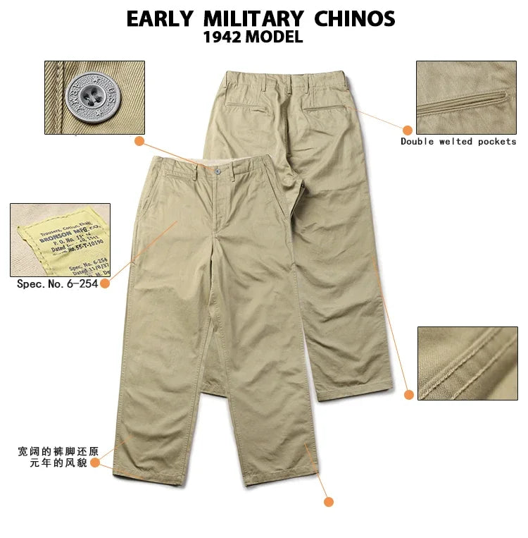 Rugged Bronson Army Chino Trousers 1942 Pattern Khakis Military Style Casual Pants