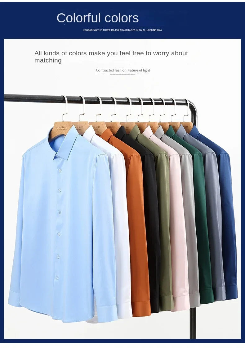 Summer shirt, men's white glossy non ironing shirt, men's wrinkle resistant ice silk casual high-end seamless business shirt