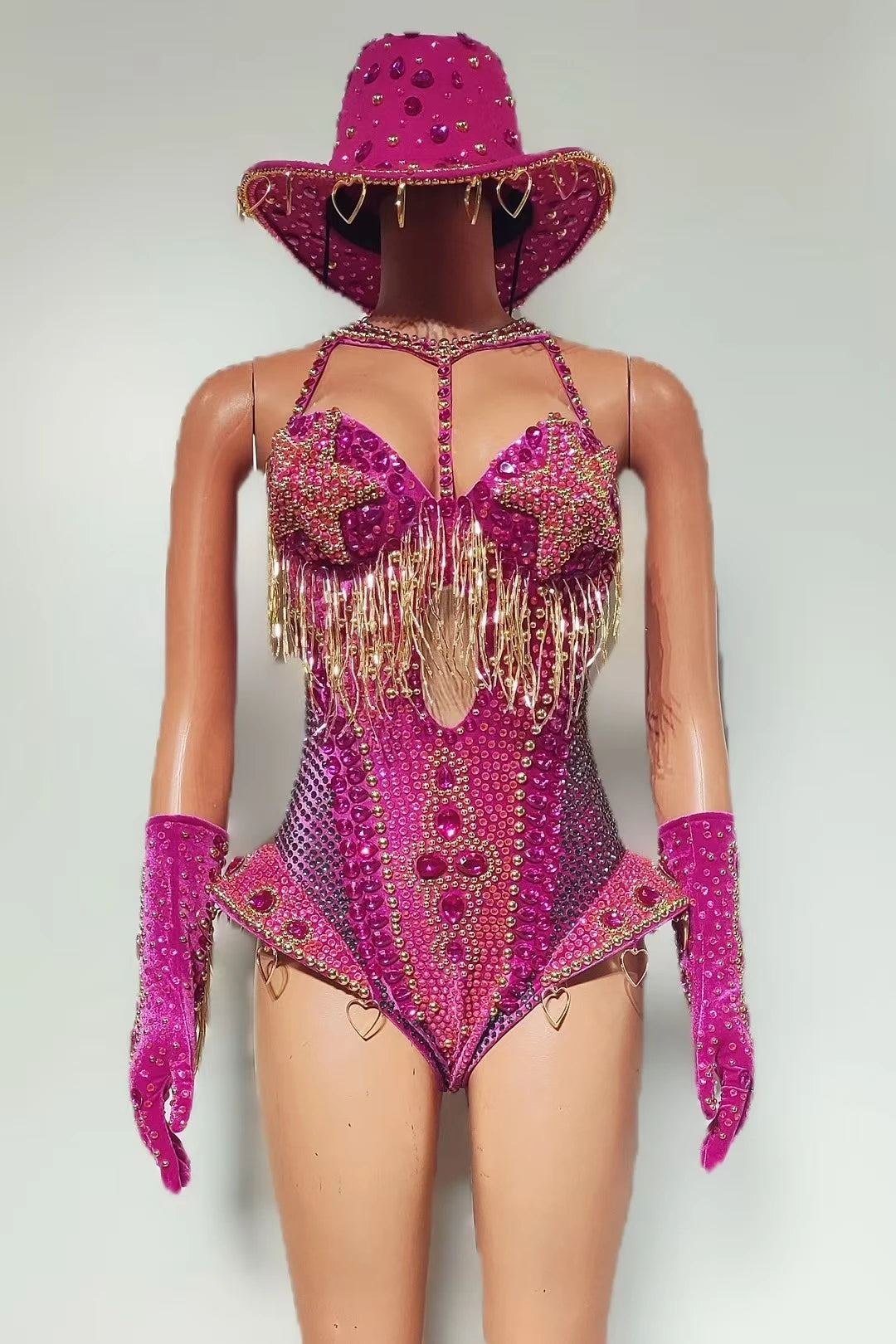 Women Sparkly Rhinestone Bodysuit 4Pieces Set Night Party Cowboy Show Outfit Cabaret Carnival Showgirl Sexy Jumpsuit Hongding