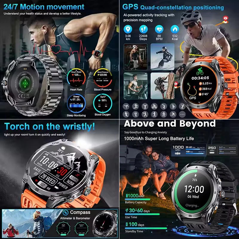 2026 New Military Smart Watch 1000Mah Battery GPS Compass 10ATM Waterproof Tactics Sports Flashlight BT call Smart Watch For Men