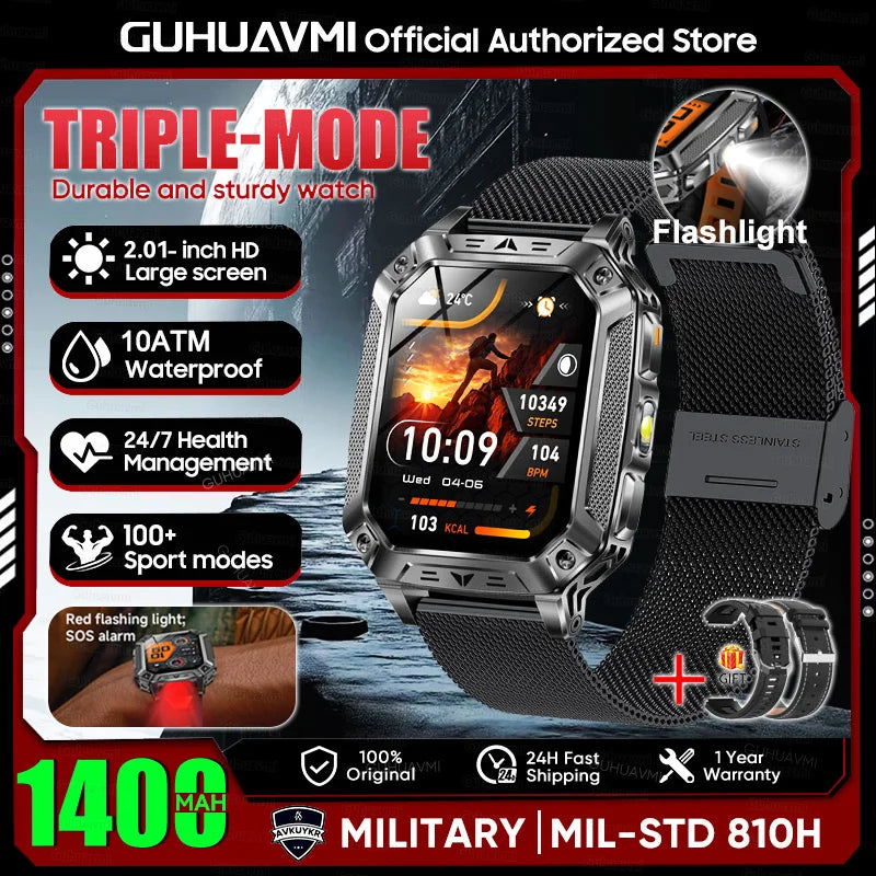 2026 HOT New 1400mAh Large Battery Smart Watch Military Quality 10ATM Waterproof Tactics 100+Sport Bluetooth call SmartWatch Men