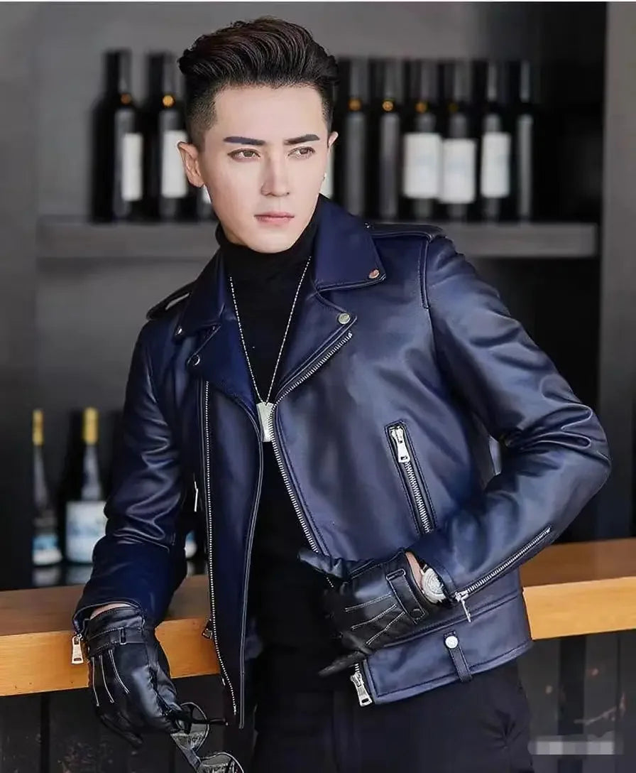 Men's Slim Fit PU Leather Jacket Fashionable Motorcycle Style Spring Autumn Korean Version Casual Outerwear Male Biker Coat