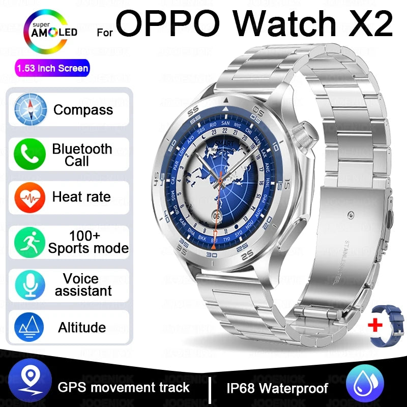 2025 New OPPO X2 Smart Watch Men's GPS Sports IP68 Waterproof Compass Heart Rate Blood Oxygen Bluetooth Call Smartwatches IOS