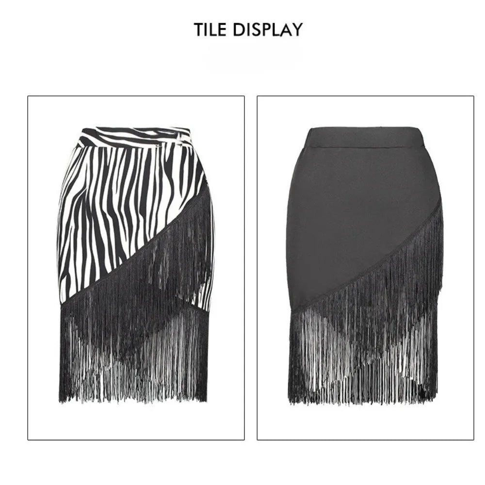 Women Latin Dance Skirt Asymmetrical Cross Hem Fringe Short Skirt Salsa Practice Performance