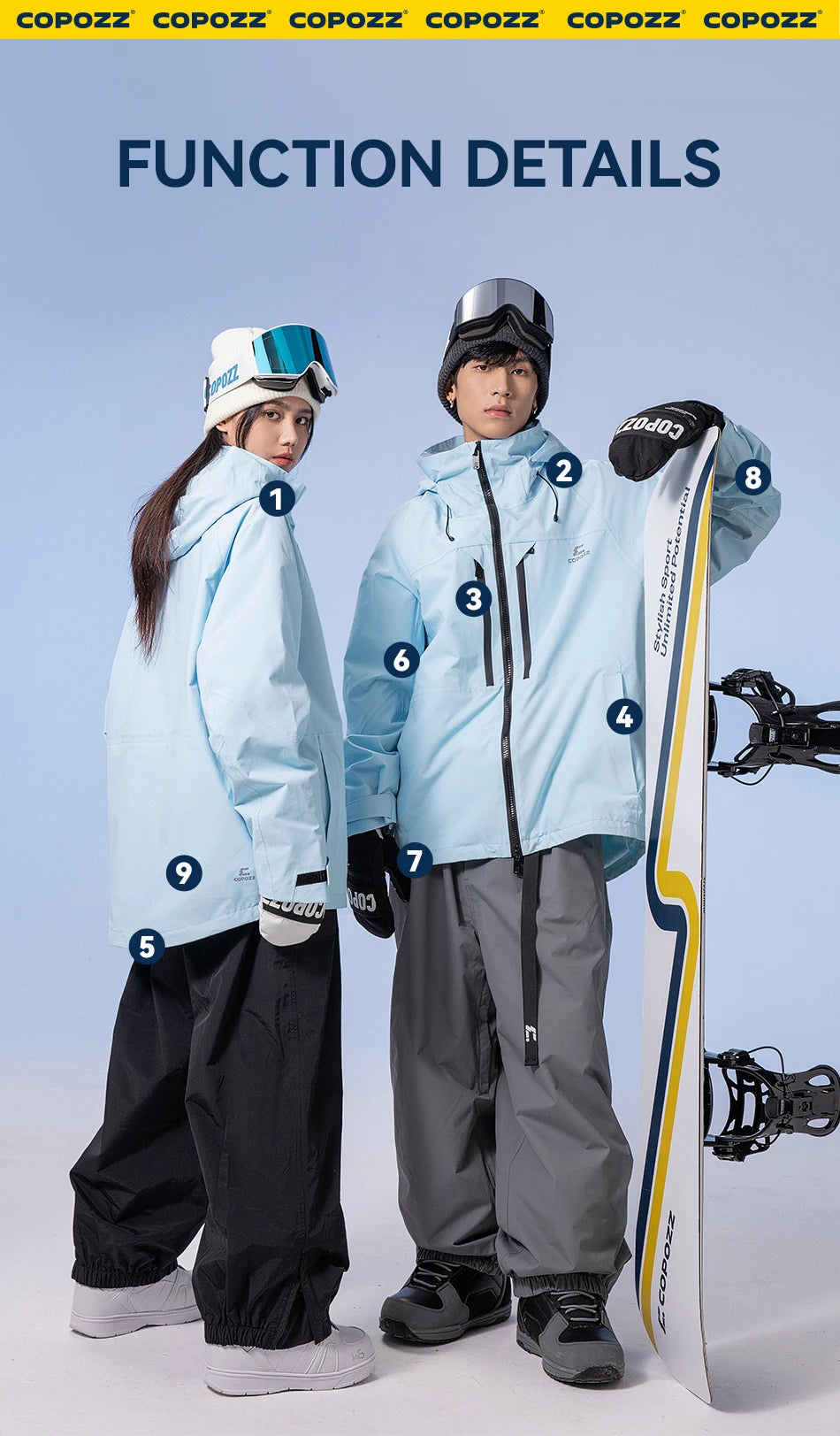 COPOZZ Thicken 3L Ski Jacket Men Women Windproof Waterproof Winter Ski Coat Ski Wear Solid Color Hooded Warm Snowboard Ski Suit