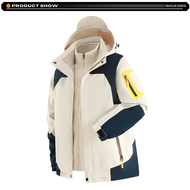 Winter Men Triple Windbreak Thick Warm Removable Hooded Jacket Men Autumn Hiking Outdoor Travel Camping Skiing Jacket Coat Male