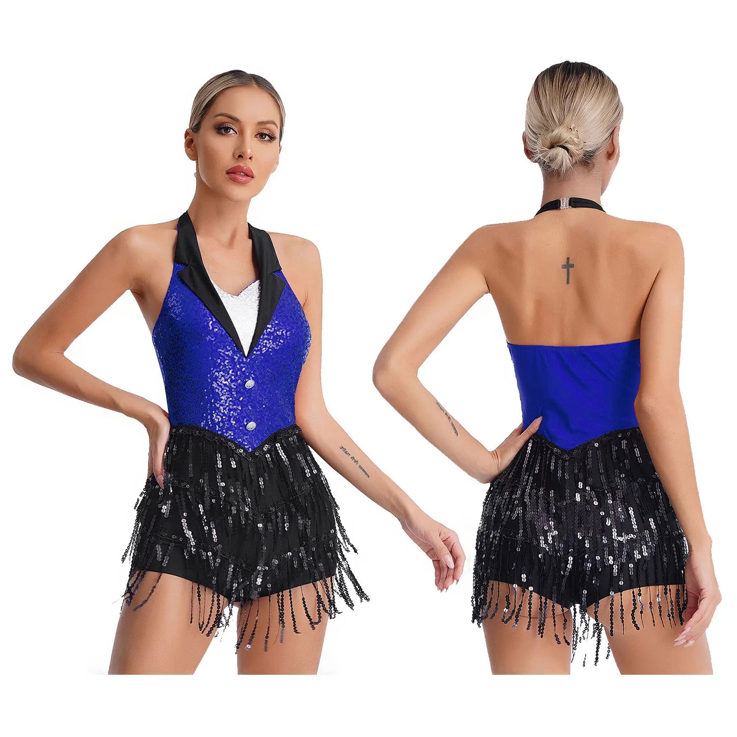 Women Modern Dance Dress Performance Costume Shiny Sequins Sleeveless Latin Jazz Tango Salsa Dance Leotard Bodysuit Dress Outfit