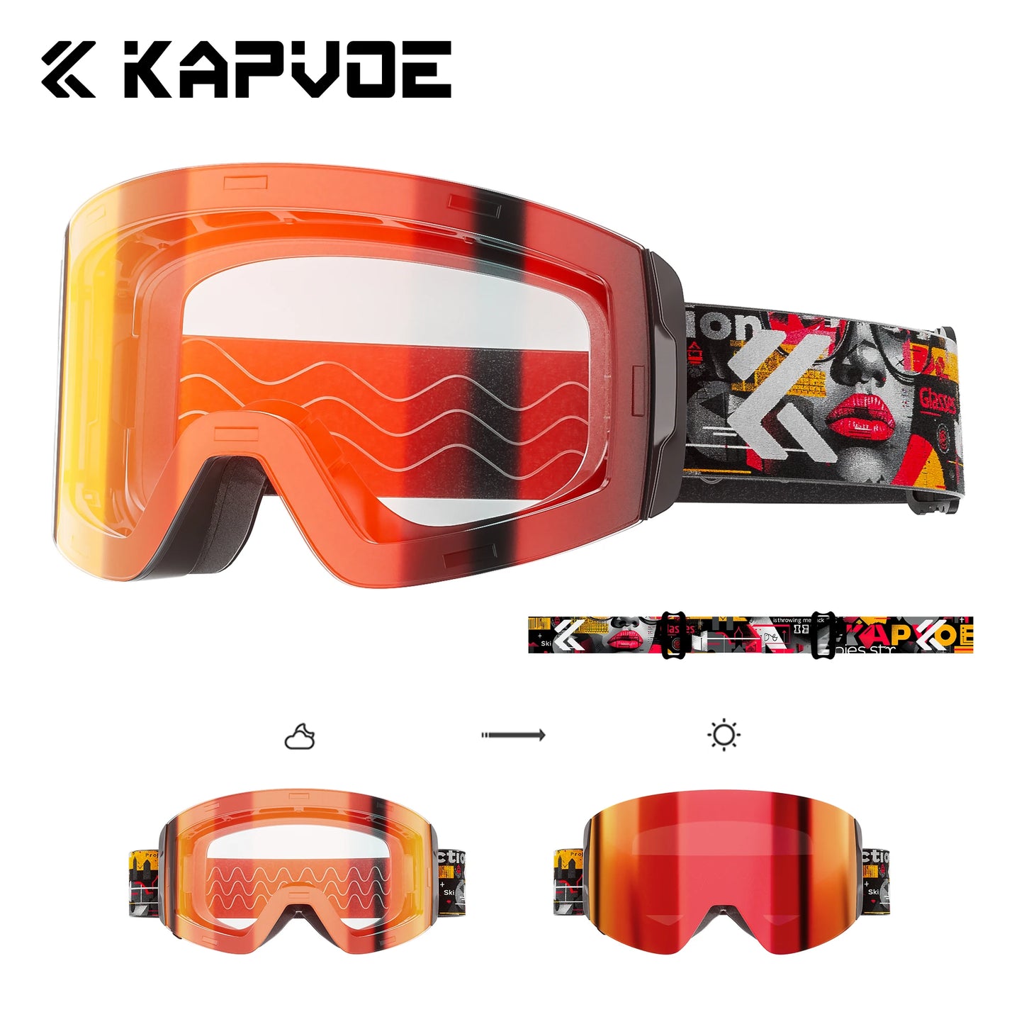 KAPVOE New Outdoor Photochromic Ski Goggles Magnetic Anti-fog Ski Glasses Winter Sports Skiing Snowboard Men Women UV400 Snow