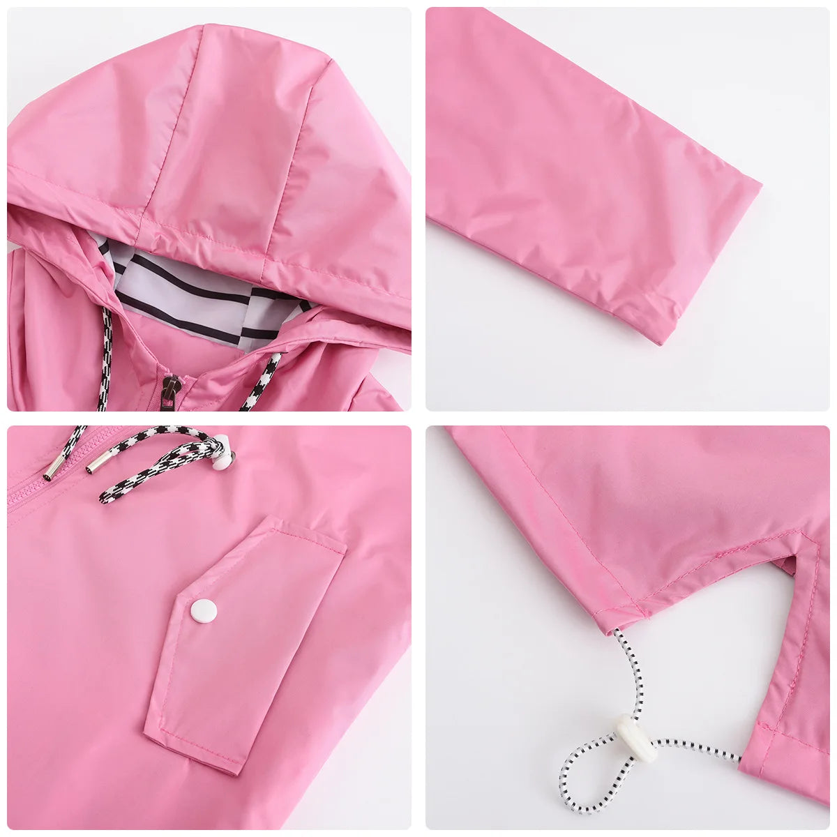 Red Waterproof Hooded Jacket, Women Fashion Casual Coat, Waist Drawstring Tie Zipper Switch Blue Green Yellow Black Windbreaker