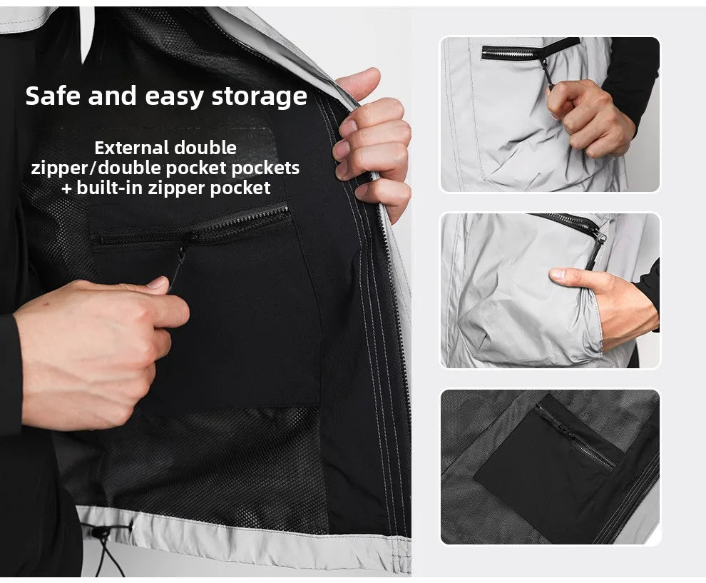 WOSAWE Motorcycle Riding Full Reflective Hooded Jacket, Hiking Night Riding Night Running Charge Carry-on Sports Jacket