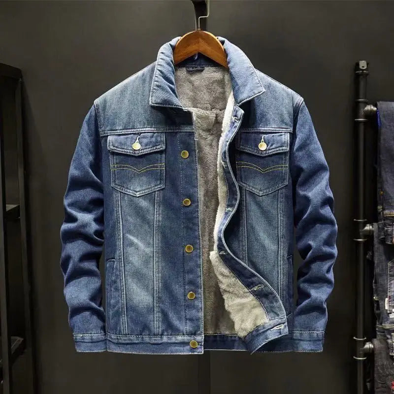 Men's Denim Cotton Jaet Fce Lined Thi Warm Outerwear Korean Sle Versatile Student Jaet Top Trendy Autumn Winter Coat