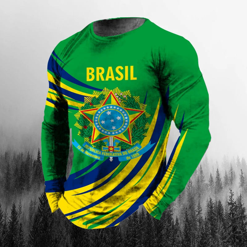 Vintage Brazilian Flag 3D Print Autumn Men's O-Neck T-shirt Casual Long Sleeve Oversized T Shirt Fashion Pullover Men Clothing