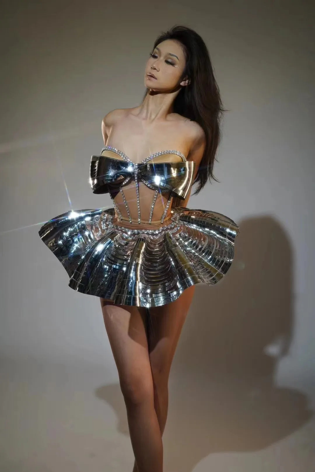 Silver Gogo DJ Singer Dance Costume Skirt Suit Electronic Syllable New Bar Flying Saucer Performance Clothing Customizable