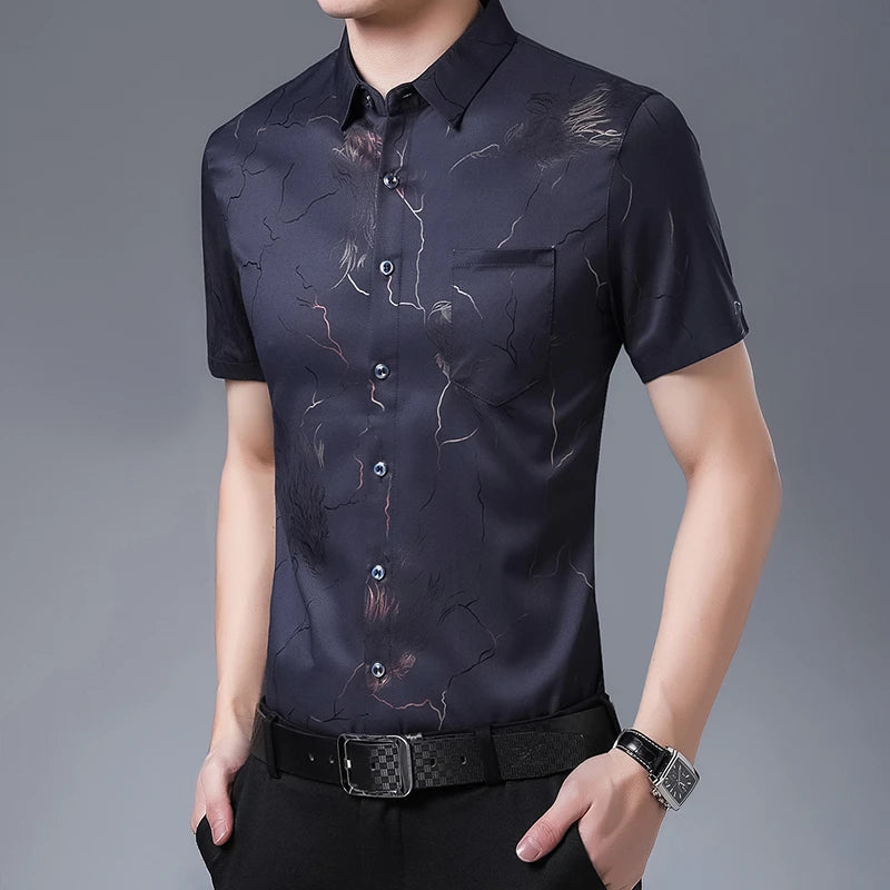 New Men's Casual Printed Short Sleeved Lapel Shirt for Summer Fashion Comfort No Ironing Wrinkle Resistant Top