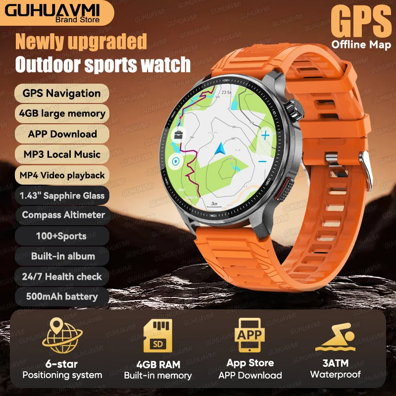 Newly T-Rex3 Ultra 4GB Memory GPS Sports Smart Watch Offline Map 1.43" AMOLED Display 3ATM Flash Charge Fitness Call Smartwatchs