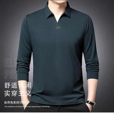 High End Mulberry Silk T-shirts Man Long Sleeve Tops Business Casual Elastic Non-iron Seamless Quality Luxurious Men Polo Shirts