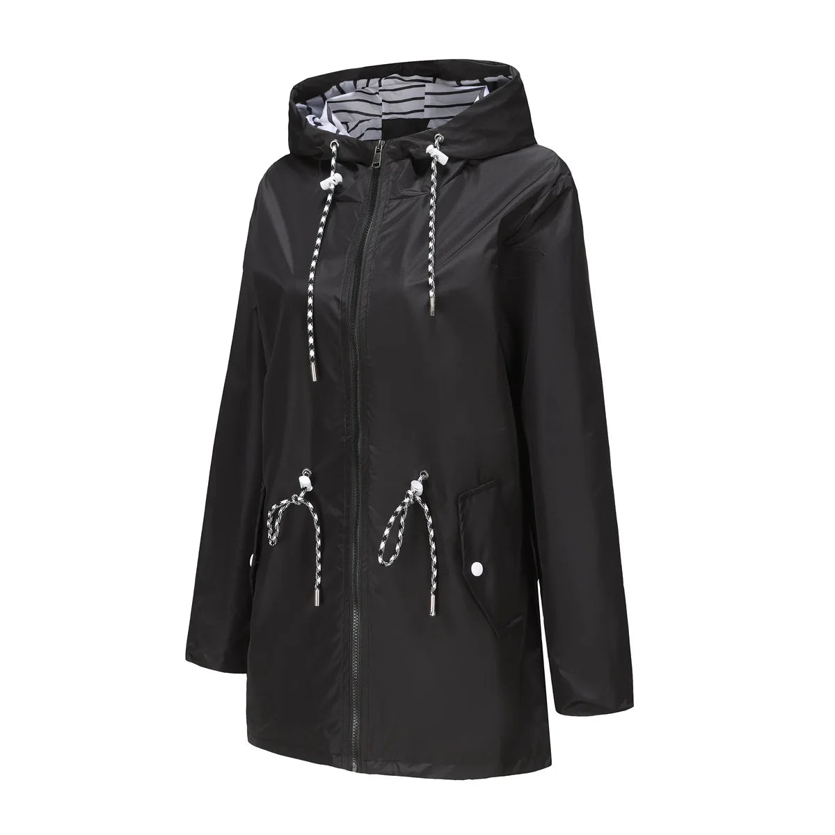 Red Waterproof Hooded Jacket, Women Fashion Casual Coat, Waist Drawstring Tie Zipper Switch Blue Green Yellow Black Windbreaker