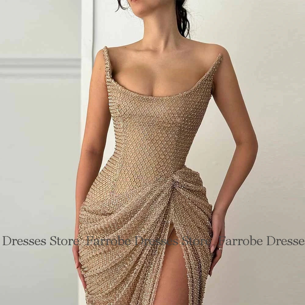 Sexy Evening Dresses 2025 Tulle Mermaid/Trumpet Party Dress Champagne Strapless Pleat Side Split Prom Dress Long