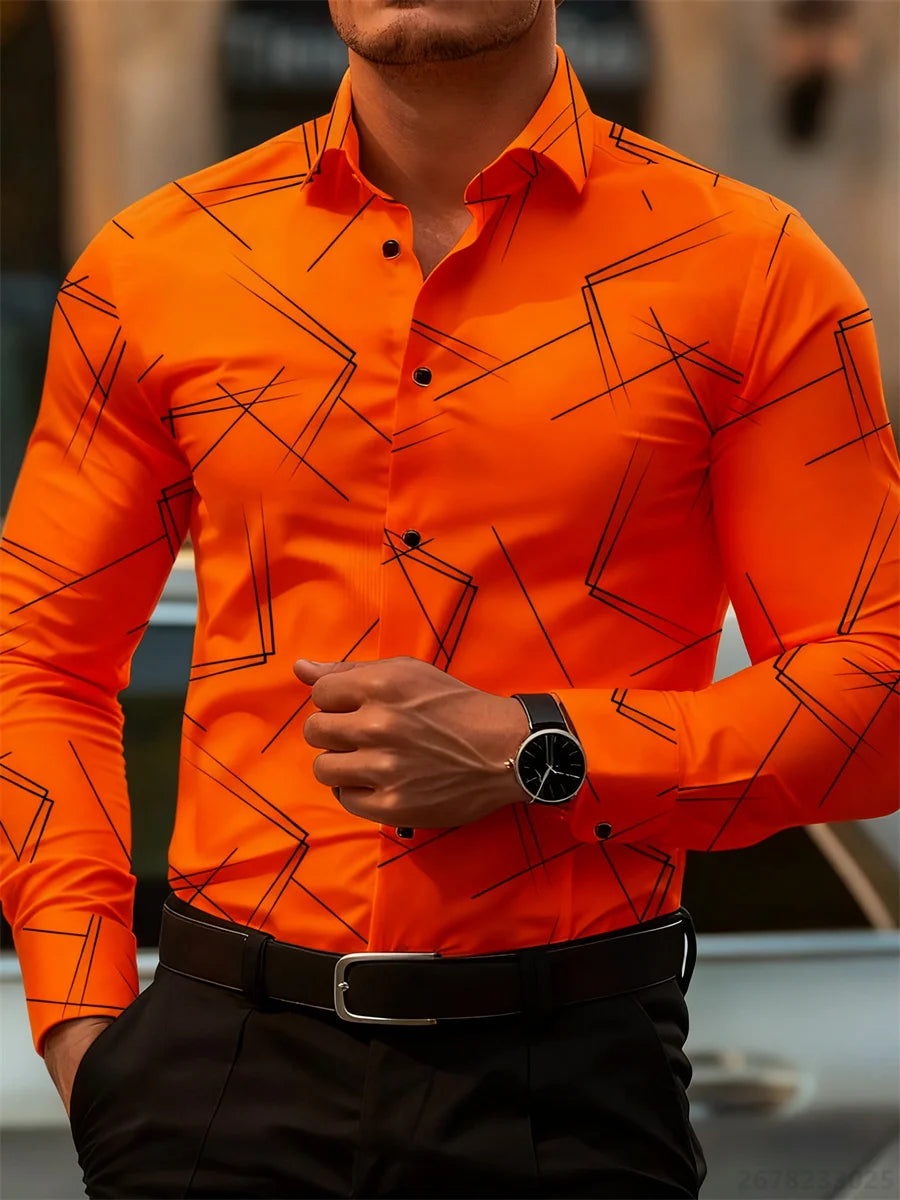 Men's trendy geometric line print long-sleeved shirt Business casual fashion design slim fit non-iron versatile ins style shirt