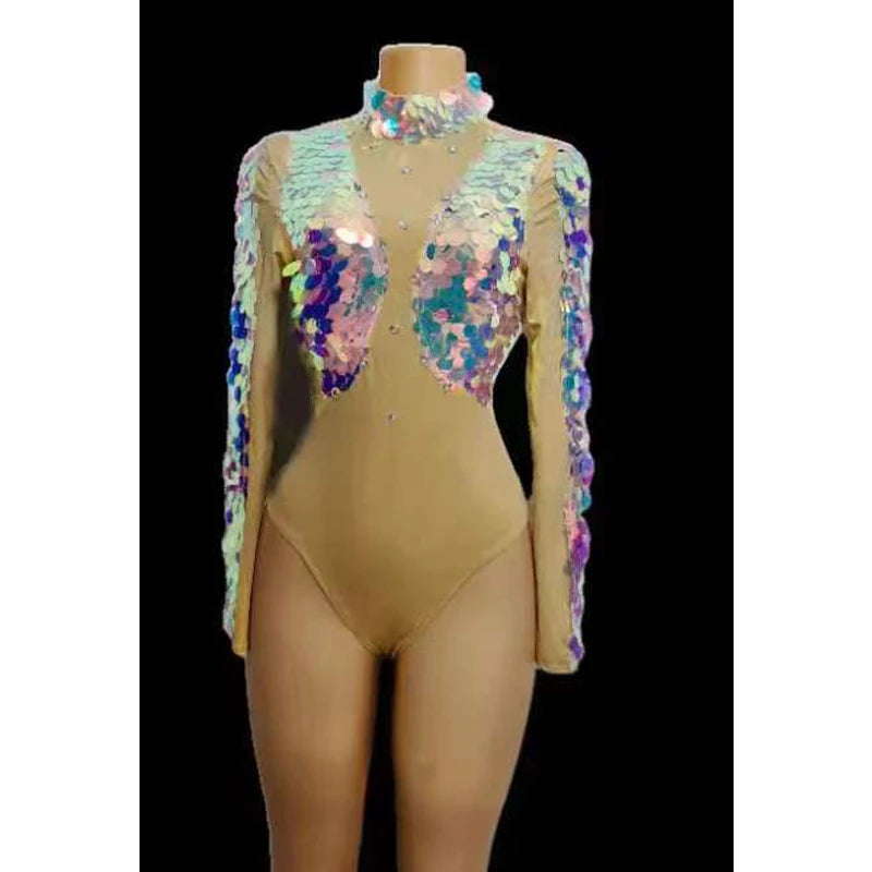 Sexy Mermaid Cosplay Jumpsuit Women Colorful Sequins Fish Scale Rhinestone Bodysuit Masquerade Party Dress Gogo Dancer Swimsuits