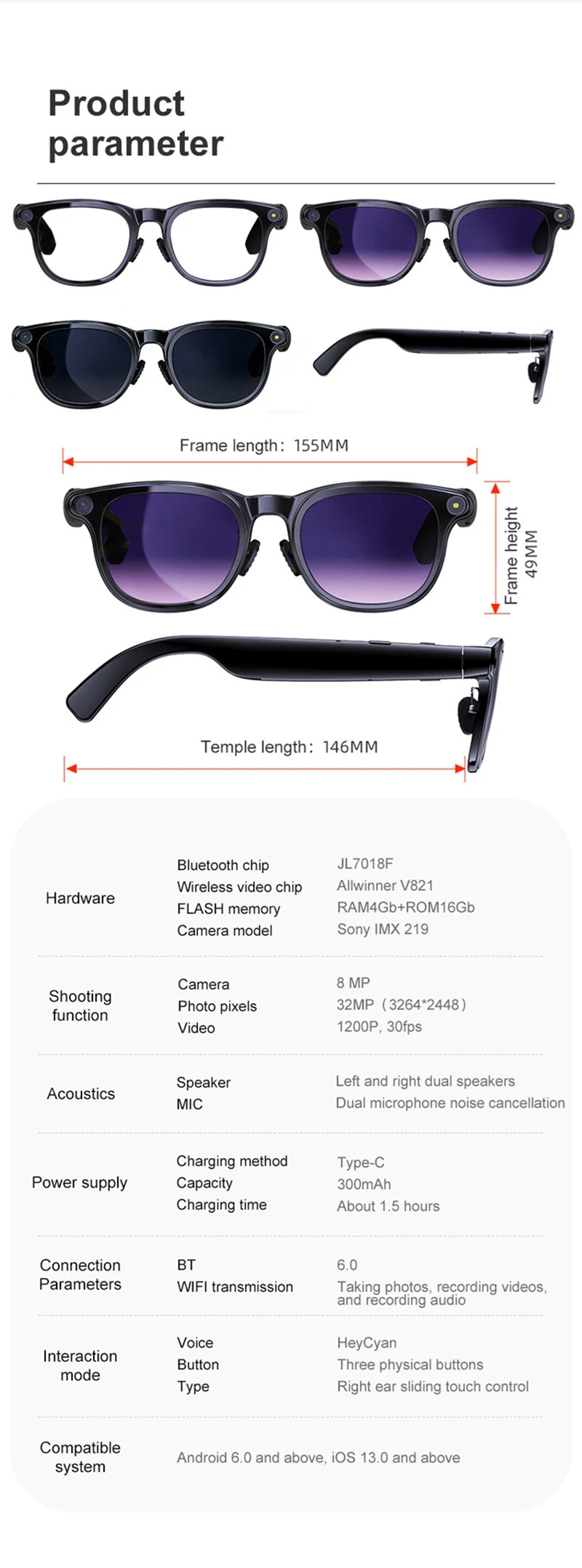 Lenovo 8K AI Smart Glasses With 100MP Camera Chat GPT Touch Sport Sunglasses Bluetooth Call Video Music Player For Men Women