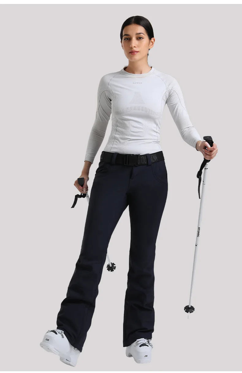 New Women's Ski Pants Stretch Slim-fit Dual-layer Insulated Professional Windproof Waterproof Breathable Solid Color Ski Pants