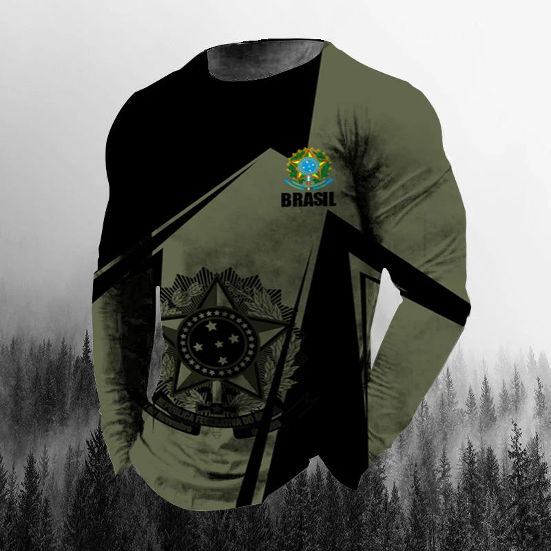 Vintage Brazilian Flag 3D Print Autumn Men's O-Neck T-shirt Casual Long Sleeve Oversized T Shirt Fashion Pullover Men Clothing