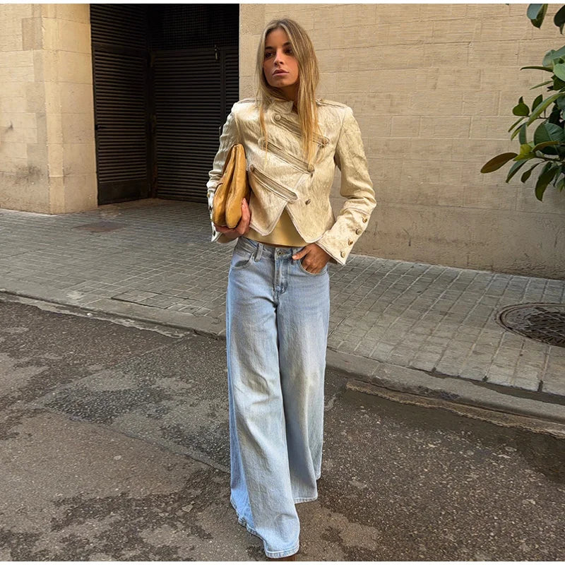 Unique Oblique Button Military Jacket Women Vintage Asymmetry Cropped Napoleon Jackets Lady New Fashion Street Spring Outwear