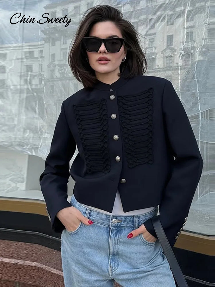 Unique Oblique Button Military Jacket Women Vintage Asymmetry Cropped Napoleon Jackets Lady New Fashion Street Spring Outwear