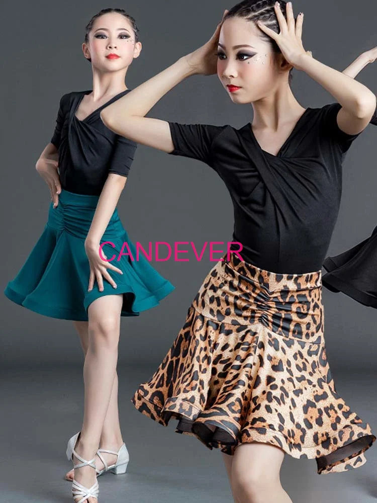 sexy Latin Dance Costume For Girls Ballroom Salsa Tango top Skirts Kids Child lace Leopard Latin Dance Split Dress Leotard Skirt