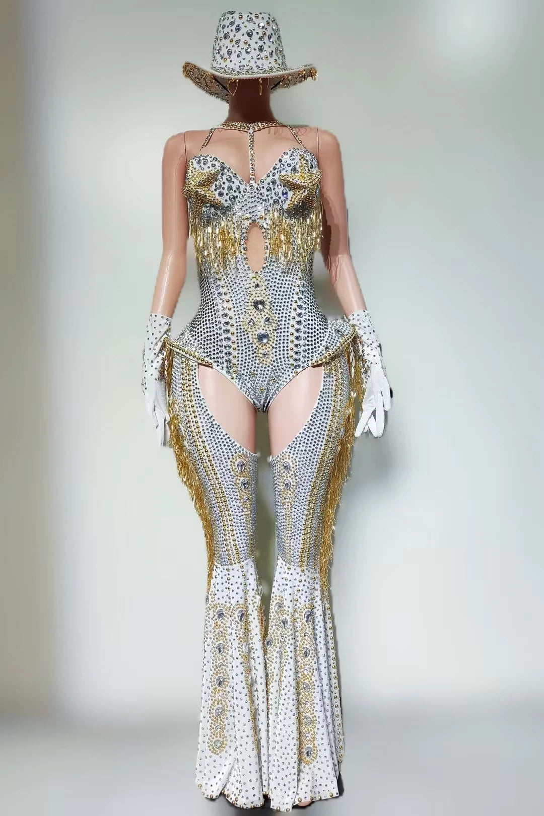 Women Sparkly Rhinestone Bodysuit 4Pieces Set Night Party Cowboy Show Outfit Cabaret Carnival Showgirl Sexy Jumpsuit Hongding