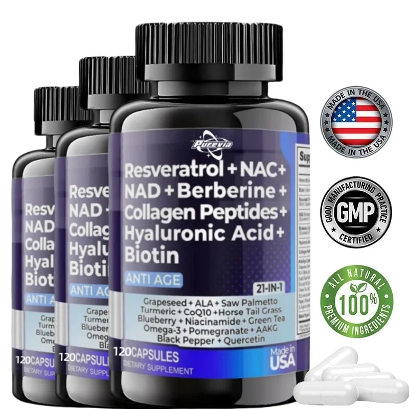 Resveratrol Nad Aspartate Hyaluronic Acid Grape And Blueberry Collagen Peptides Hair, Nail, Skin, And Joint Supplements Capsules