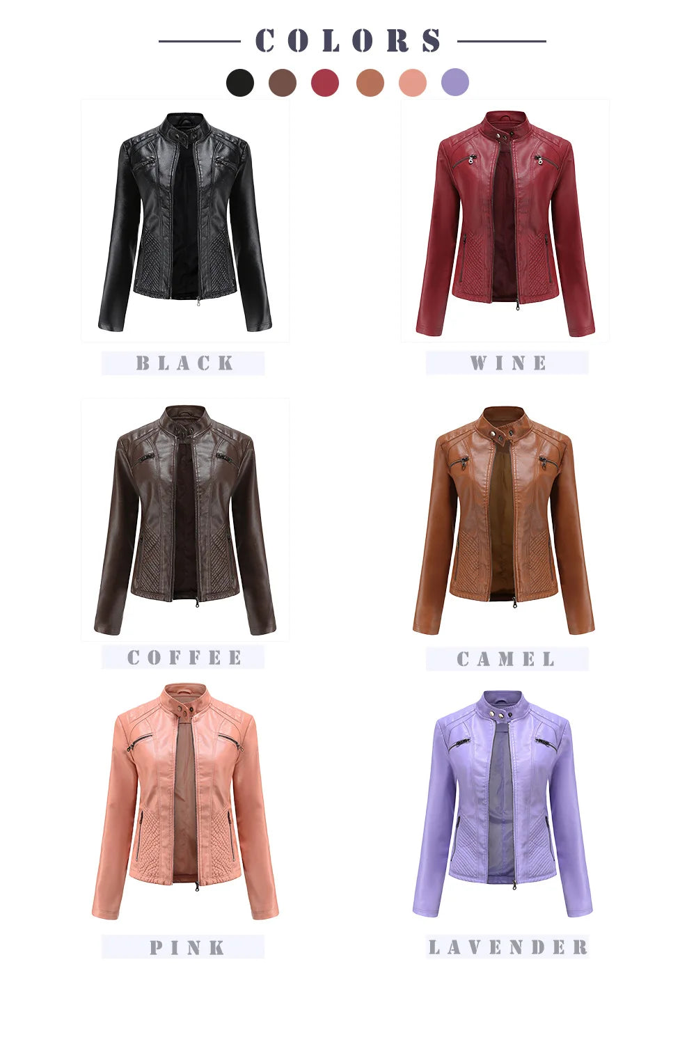 2026 New Lavender Purple Women's Long Sleeve PU Jacket, Fashion Motorcycle Leather Jackets, Red Coat, Black Outerwear.