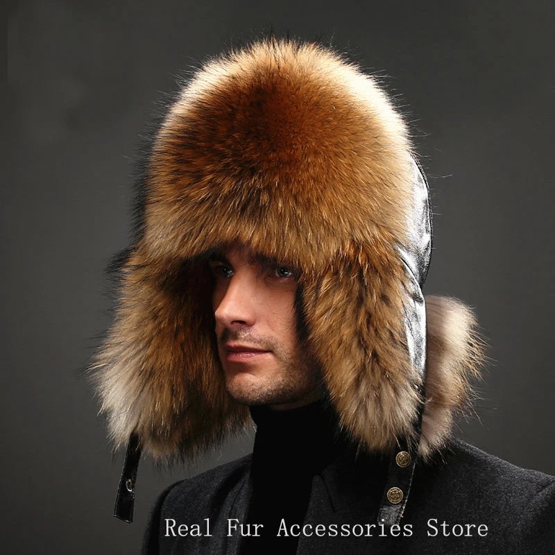 Hot high-end luxury fur hat Men's fox fur hat Lei Feng cap ear cap fur necessary hat Real fur hat 100% Sheepskin top fox hat