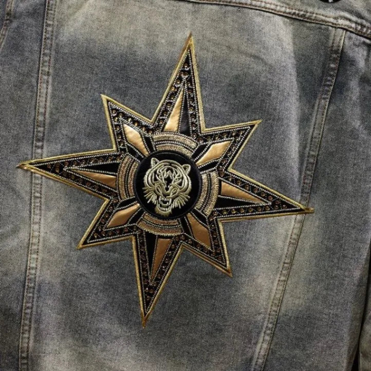 Faionable Retro Motorcycle Jaet Men's Light Colored Embroidered Denim Coat Sli Casual Cotton Polyester Blend Outerwear
