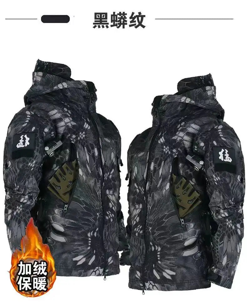 Skin Soft Shell Jacket Men's Winter Waterproof and Windproof Jacket Velvet Warm Cycling Mountaineering Ski Jacket Camouflage