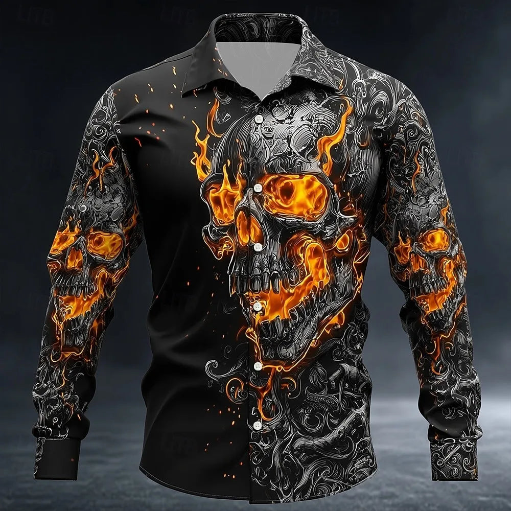 Halloween Pumpkin Head 3D Printed Men's Long Sleeve Shirt Fashion Button Skull Top New Men's Casual Flap-Collar Shirt